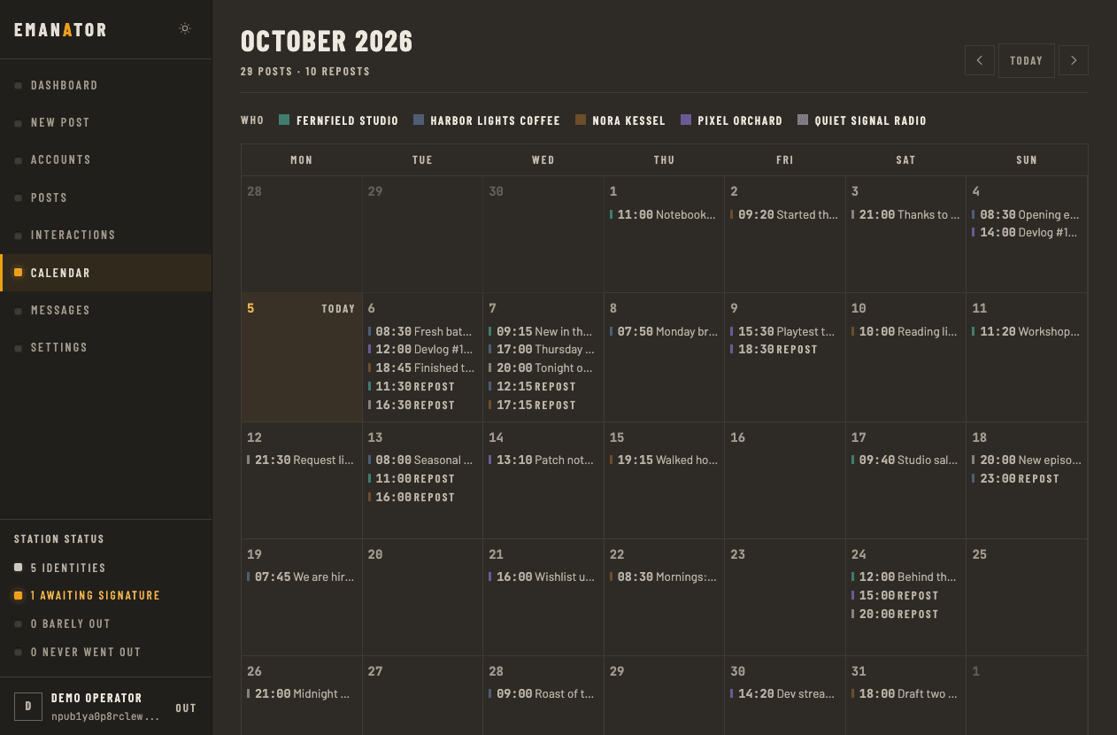 Emanator calendar for October 2026, with scheduled posts and reposts laid out day by day and color-coded by account