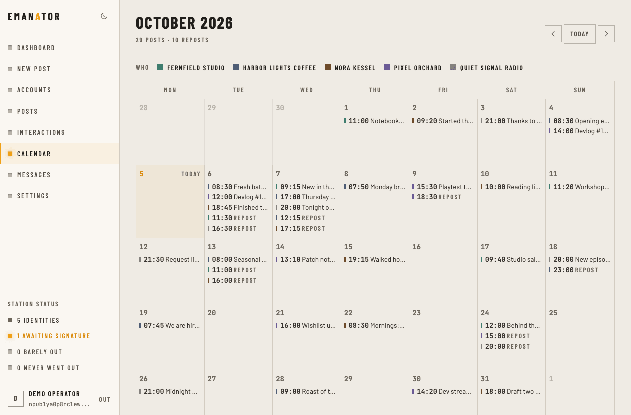Emanator calendar for October 2026, with scheduled posts and reposts laid out day by day and color-coded by account