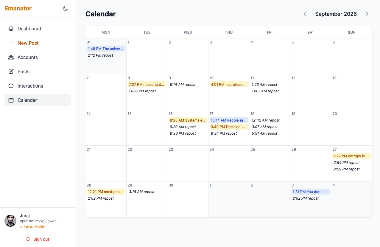 Emanator calendar for September 2026, with scheduled posts and reposts laid out day by day across every managed account