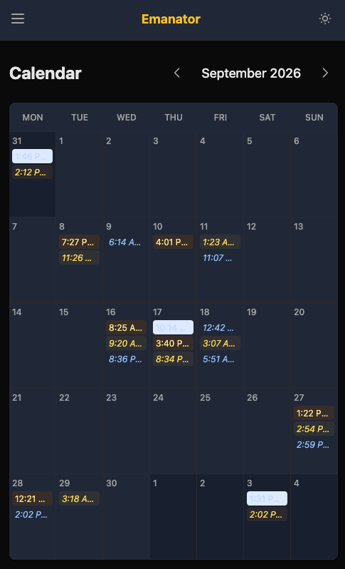 Emanator calendar on mobile in dark theme