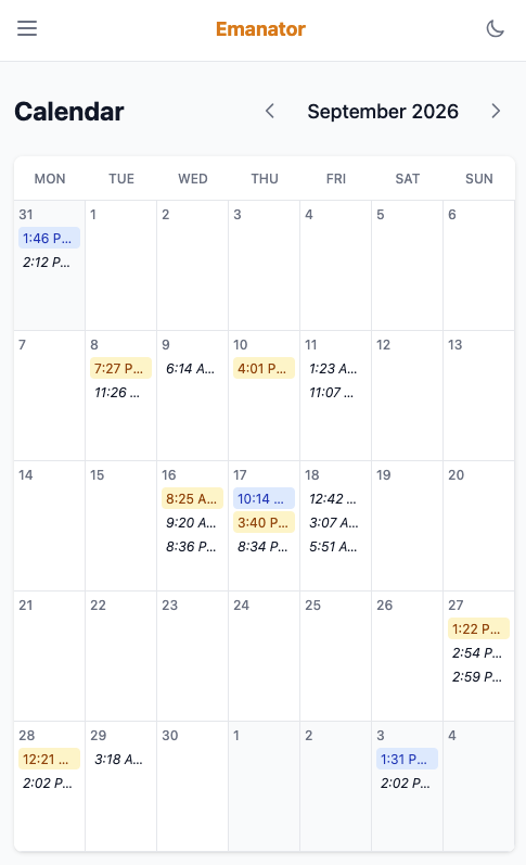 Emanator calendar on mobile showing the month with scheduled posts