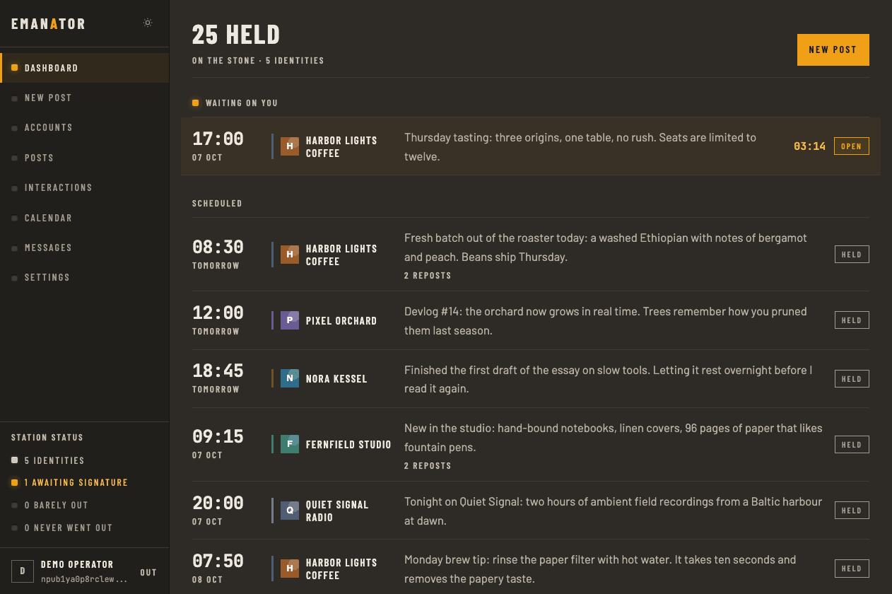 Emanator dashboard with one post waiting for a signature at the top, then a timeline of scheduled posts across five managed Nostr accounts, each with its time, account and text