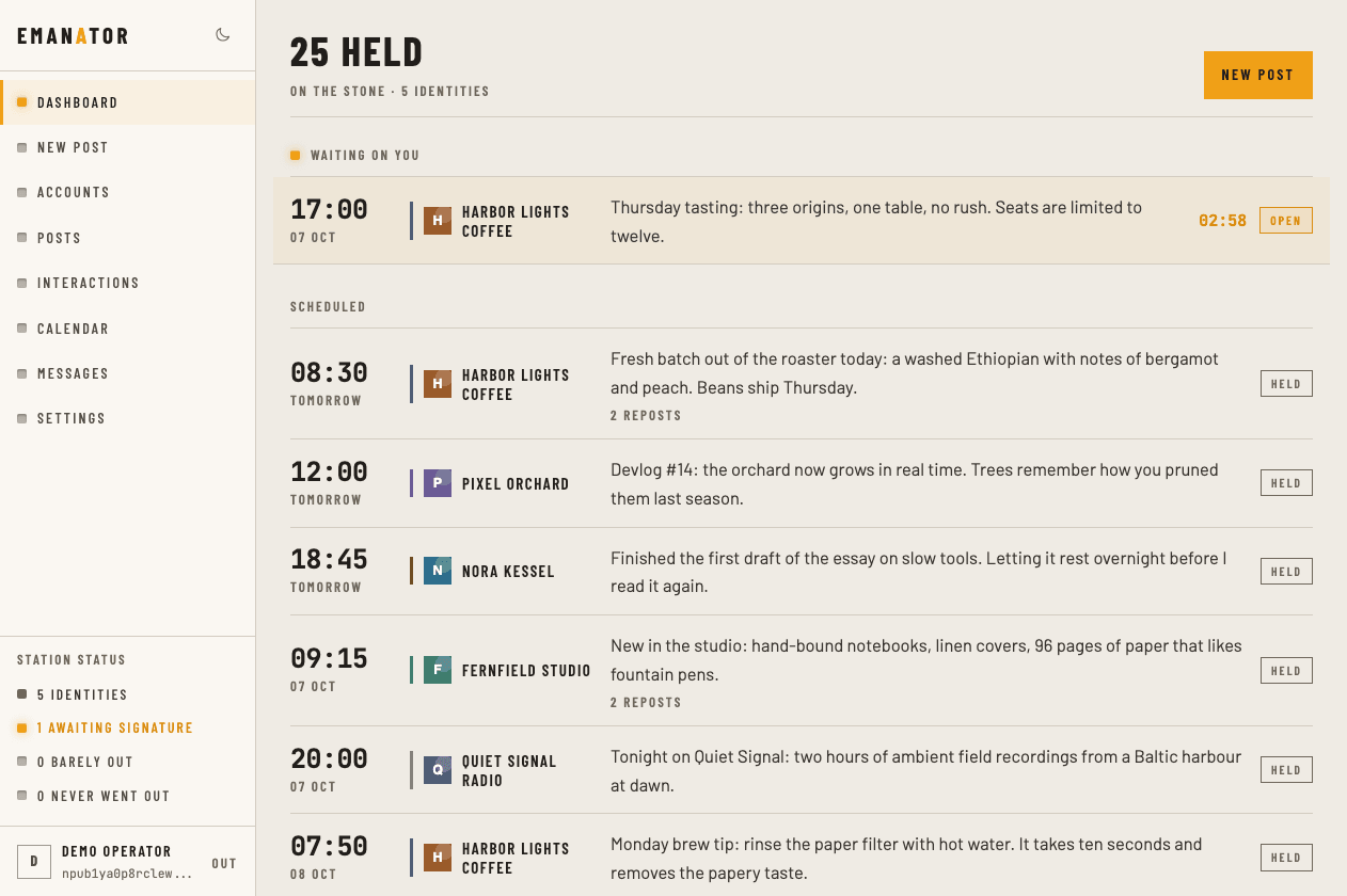 Emanator dashboard with one post waiting for a signature at the top, then a timeline of scheduled posts across five managed Nostr accounts, each with its time, account and text