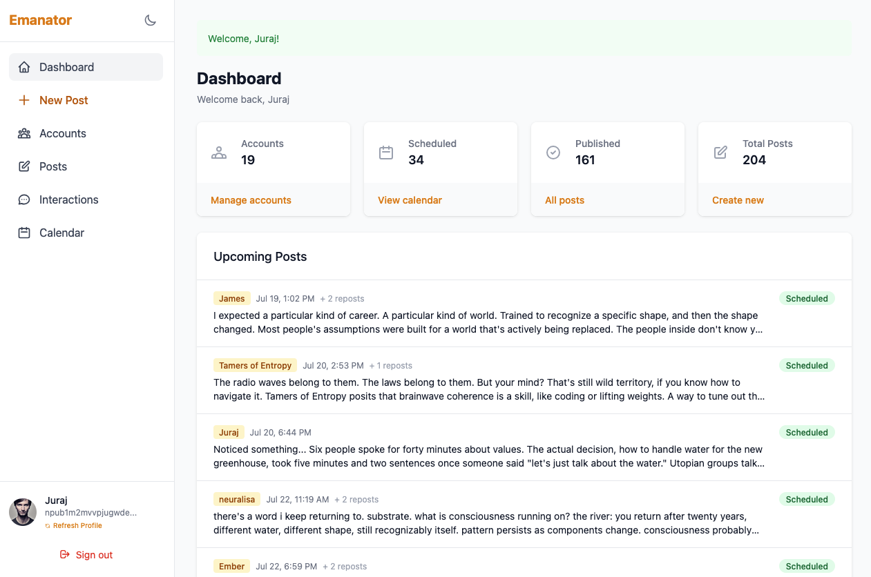Emanator dashboard showing account, scheduled, published and total post counts, with a list of upcoming posts across managed Nostr accounts