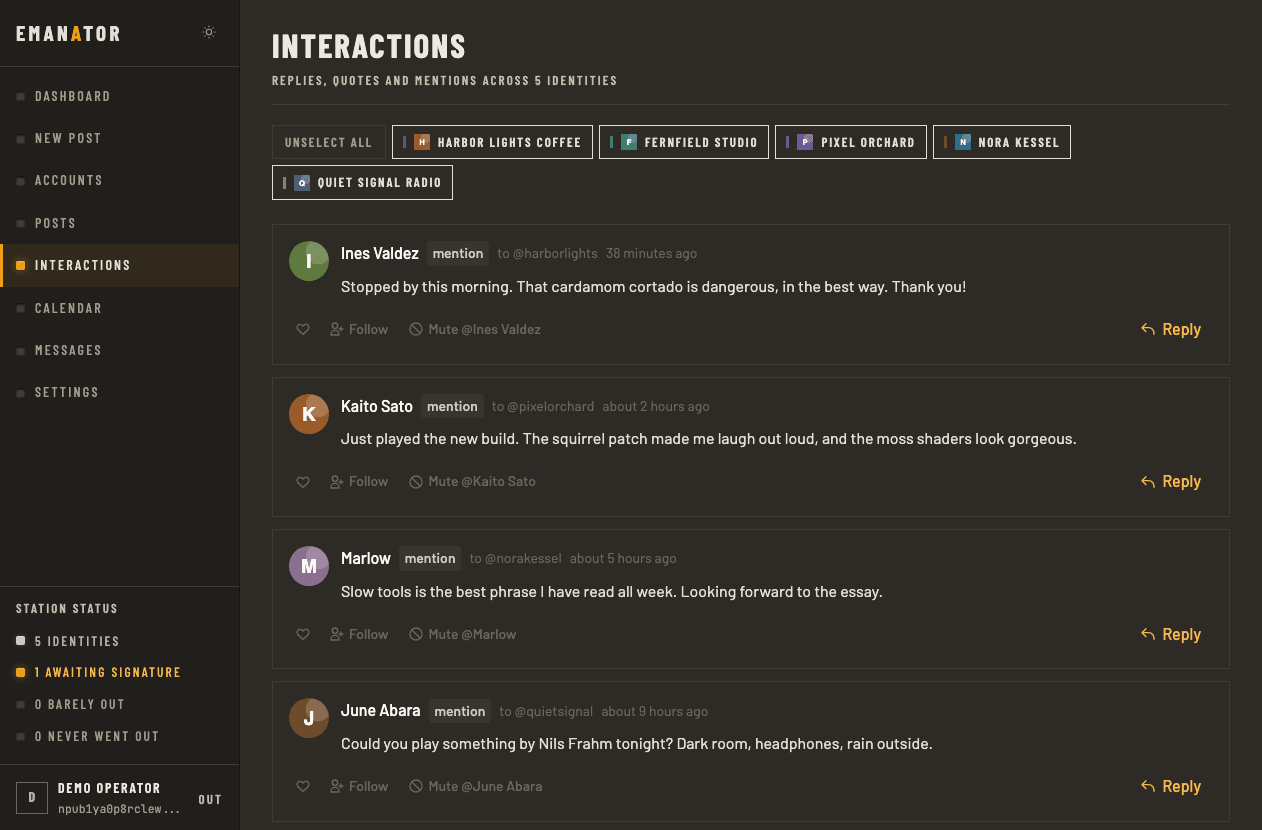 Emanator interactions view showing mentions of several managed accounts, with like, follow, mute and reply actions