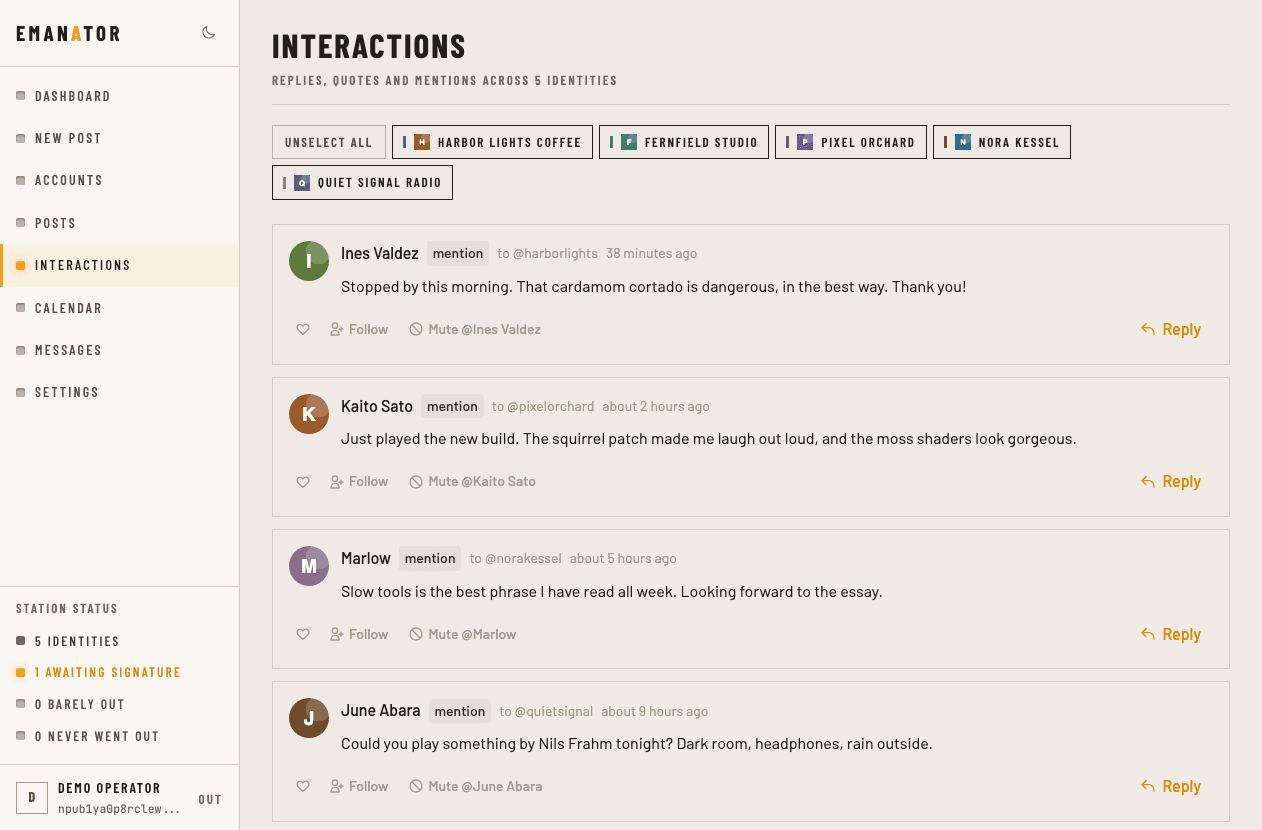 Emanator interactions view showing mentions of several managed accounts, with like, follow, mute and reply actions
