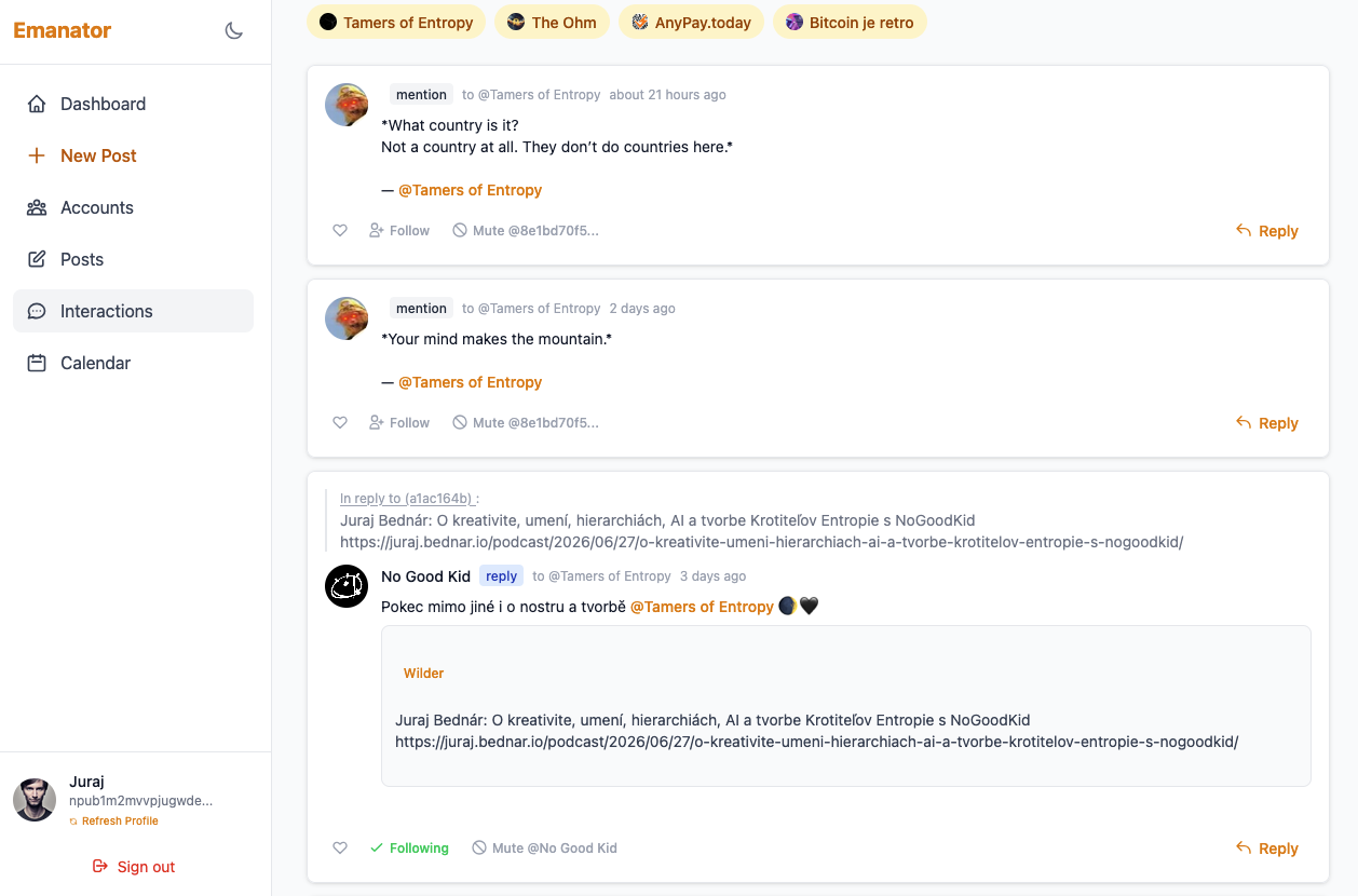 Emanator interactions view showing mentions and replies to a managed account, with follow, mute and reply actions