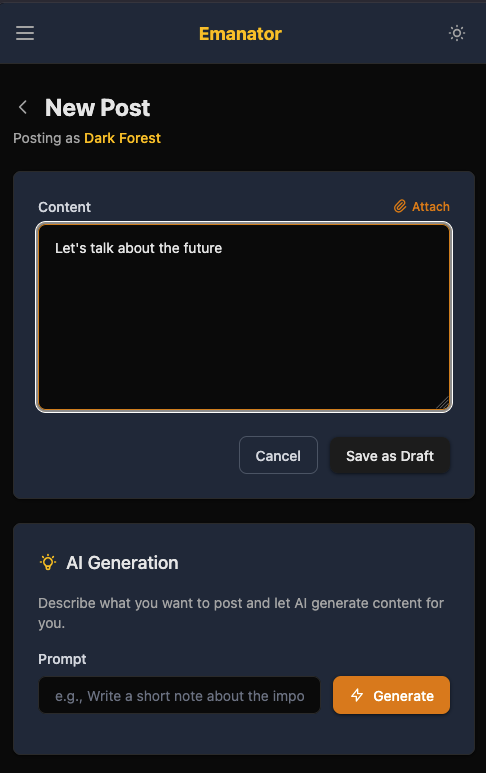 Composing a new post on Emanator mobile in dark theme