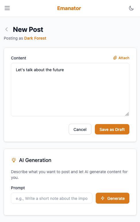 Composing a new post on Emanator mobile, with an AI generation prompt below the editor