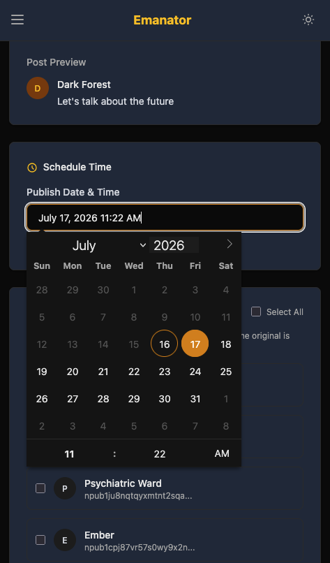 Picking a publish date and time on Emanator mobile in dark theme