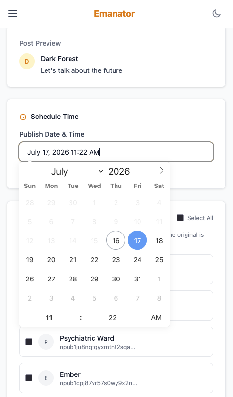 Picking a publish date and time on Emanator mobile, with accounts to repost from listed below